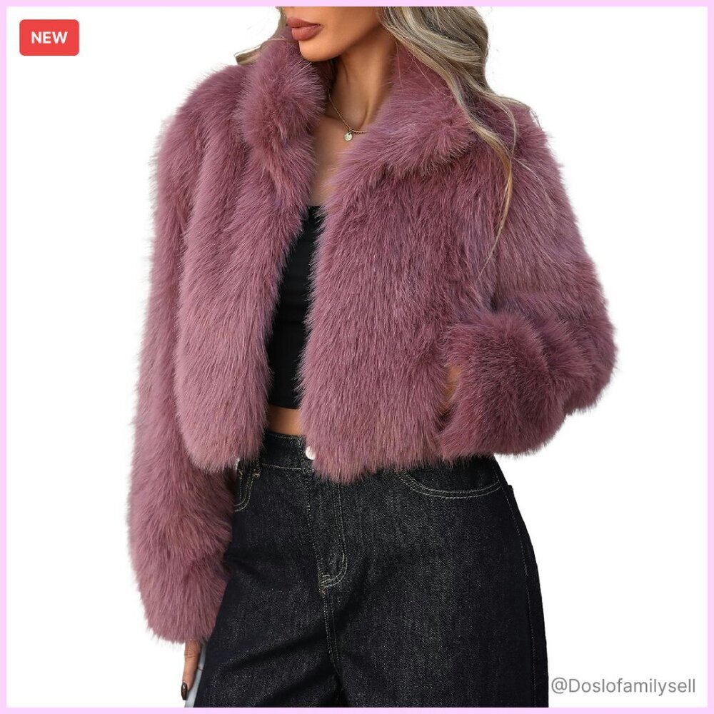 Stand Collar Faux Fur Jacket Long Sleeve Open Front Fluffy Elegant Winter Coat - Picture 1 of 8